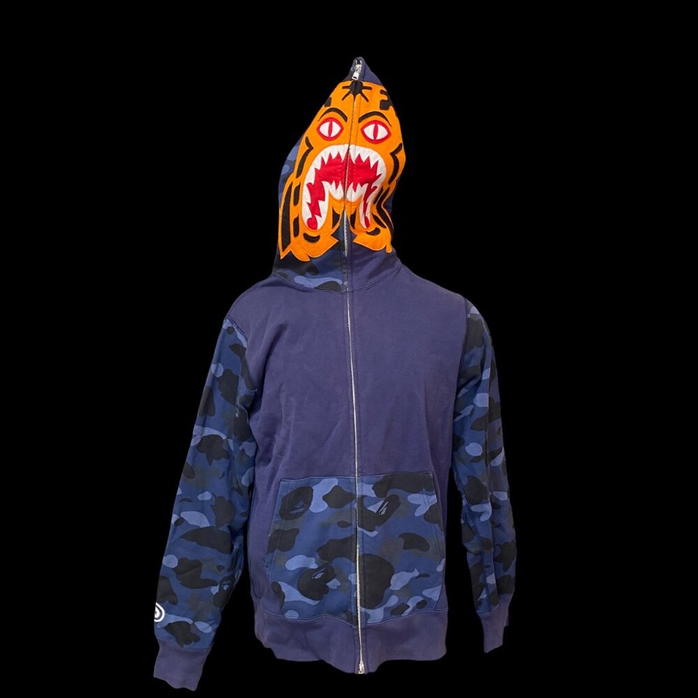 Bape Blue Bape Camo Tiger FUNTHERA MILITIA Sz L A Bathing Ape authentic Japan
